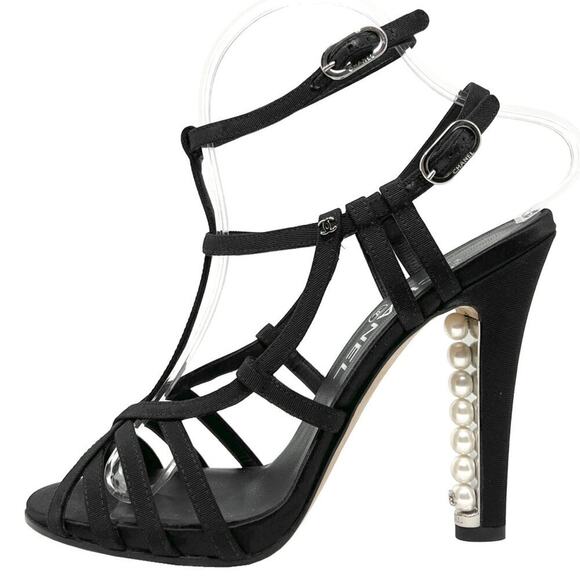 Chanel Gladiator Sandals Black Grosgrain Pearl Heel Strappy 37.5 EU / 7.5  US - Picture 1 of 10